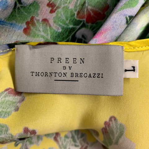 PREEN Size L Yellow Multi Color Silk Floral T-Shirt
