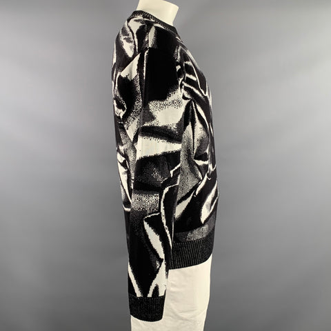 AGR Size L Black White & Grey Abstract Merino Wool Ribbed Sweater