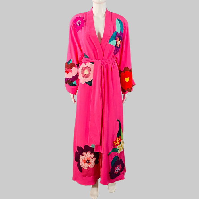 DOLCE & GABBANA Size 4 Pink Multi Color Silk Applique Belted Maxi Dress