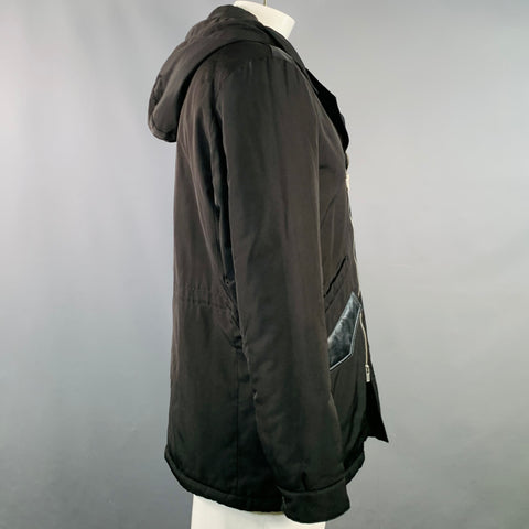 THE KOOPLES Size XL Black Polyester Leather Trim Hooded Coat