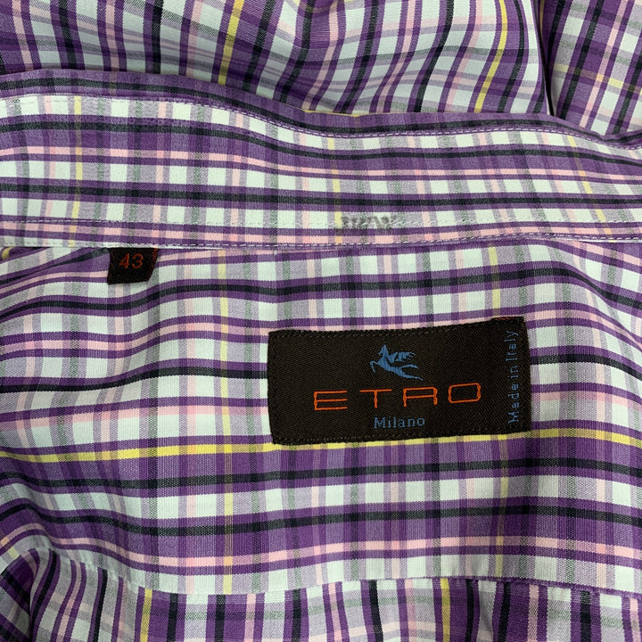 ETRO Taille L Chemise à manches longues boutonnée en coton à carreaux violet et blanc