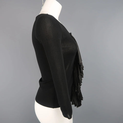 GIAMBATTISTA VALLI Size S Black Scoop Neck Ribbon Fringe Snap Cardigan GIAMBATTISTA VALLI
