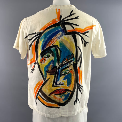 CUSTOM MADE Size L Cream Hand Painted Cotton V Neck T shirt