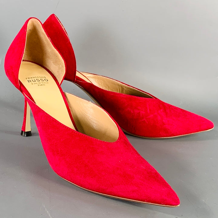 FRANCESCO RUSSO Size 7 Red Suede Pointed Toe D'Orsay Pumps