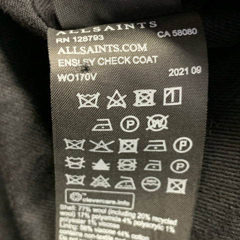 ALLSAINTS Taille 6 Ensley Carreaux Noir Gris Laine Mélange Plaid Manteau Croisé