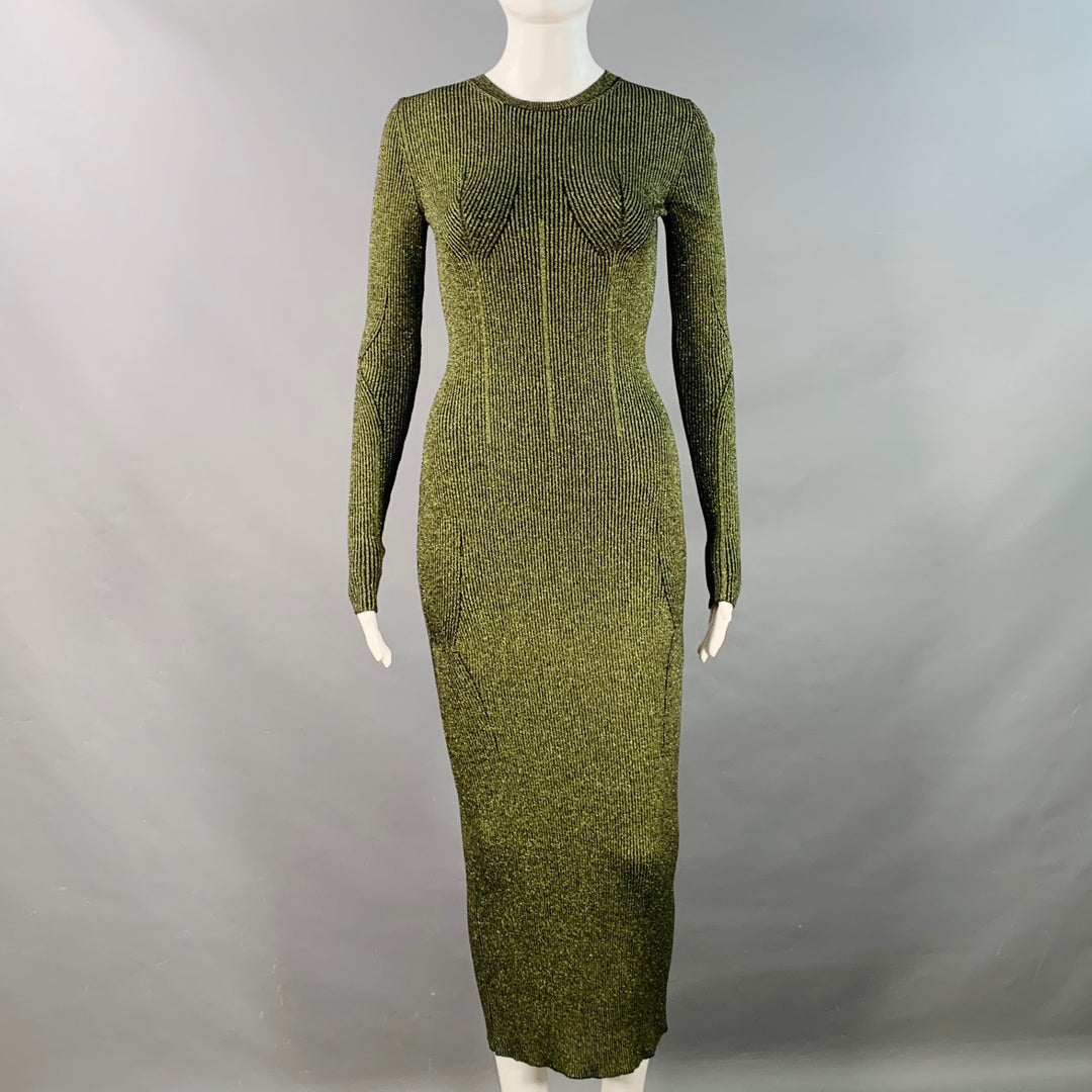 DEL CORE Size S Black Metallic Green Merino Wool Blend Rib Knit Long Cocktail Dress