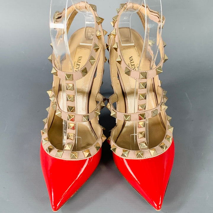 VALENTINO Size 4 Rockstud Red Nude Gold Studded T- Strap Pumps