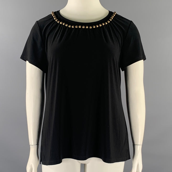 DKNY Size XL Black Polyester Blend Beaded Scoop Neck Casual Top