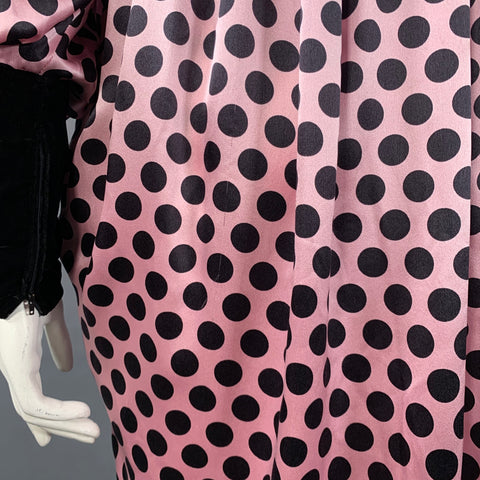 UNGARO Vintage 1980s Size L Pink Black Silk Polka Dot Turtleneck Tent Dress
