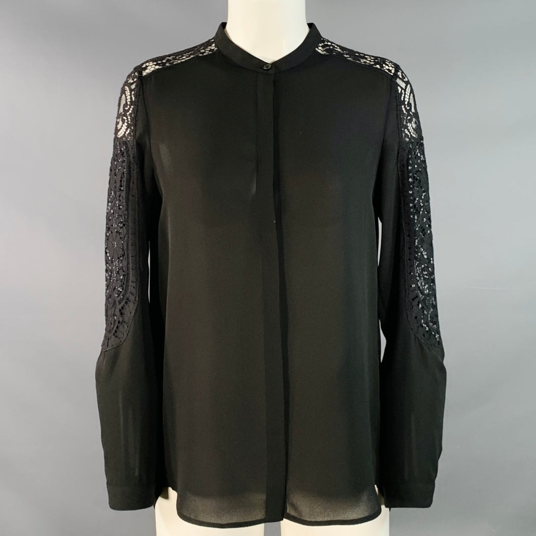 THE KOOPLES Size S Black Polyester Collarless Lace Trim Hidden Buttons Blouse