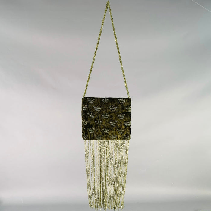 EMPORIO ARMANI Green Olive Logo Velvet Beaded Fringe Shoulder Handbag