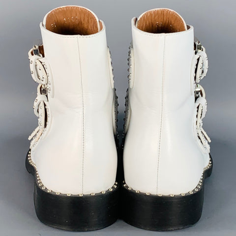 GIVENCHY Size 9 White Studded Belted Ankle Boots