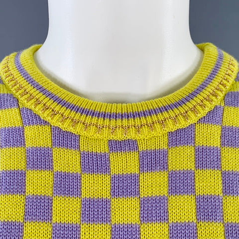 VERSACE Size S Yellow Lavender Wool Blend Checkered Crew Neck Casual Top