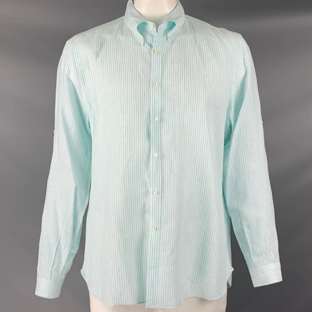 ISAIA Talla XL Camisa de manga larga con pestaña enrollable de algodón y lino a rayas blancas y azules
