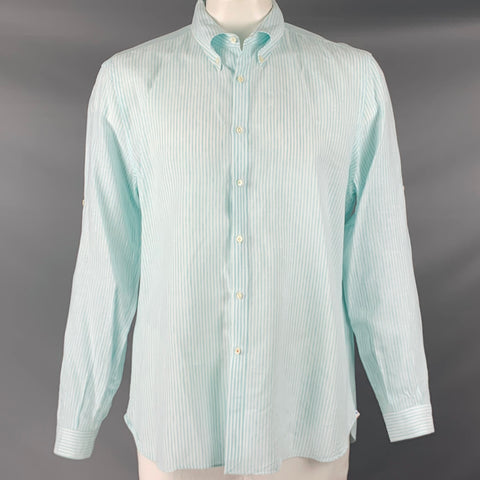 ISAIA Size XL Blue White Stripe Linen Cotton Roll Tab Long Sleeve Shirt