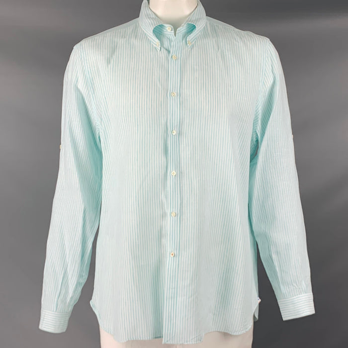 ISAIA Size XL Blue White Stripe Linen Cotton Roll Tab Long Sleeve Shirt