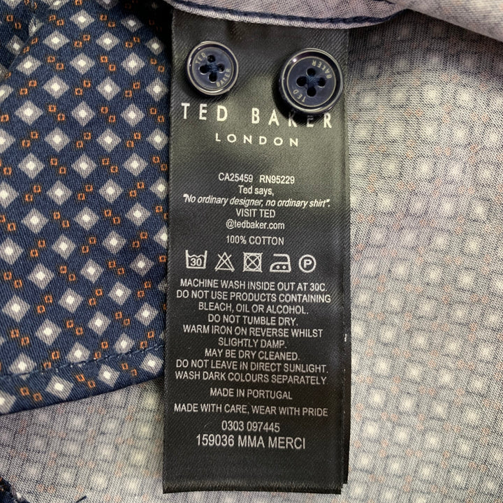 TED BAKER Size XS Merci Navy Grey Squares Cotton Spread Collar Long Sleeve Shirt