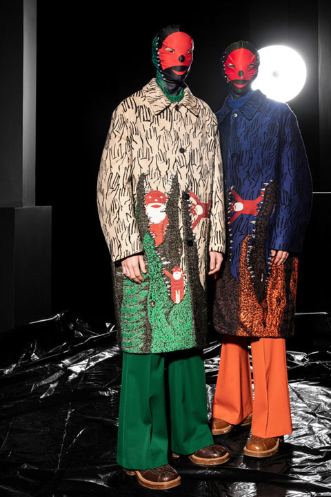 WALTER VAN BEIRENDONCK FW 2021 Size 40 Blue Orange Black Acrylic Blend Croc Embroidered Coat