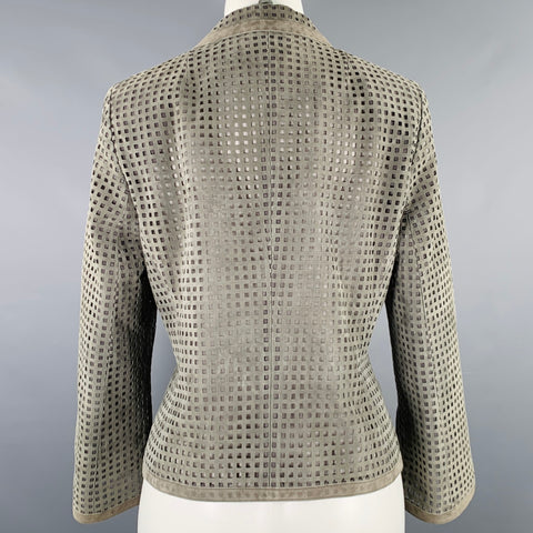AKRIS Size 8 Grey Perforated Lamb Suede Eye Hook Jacket Blazer