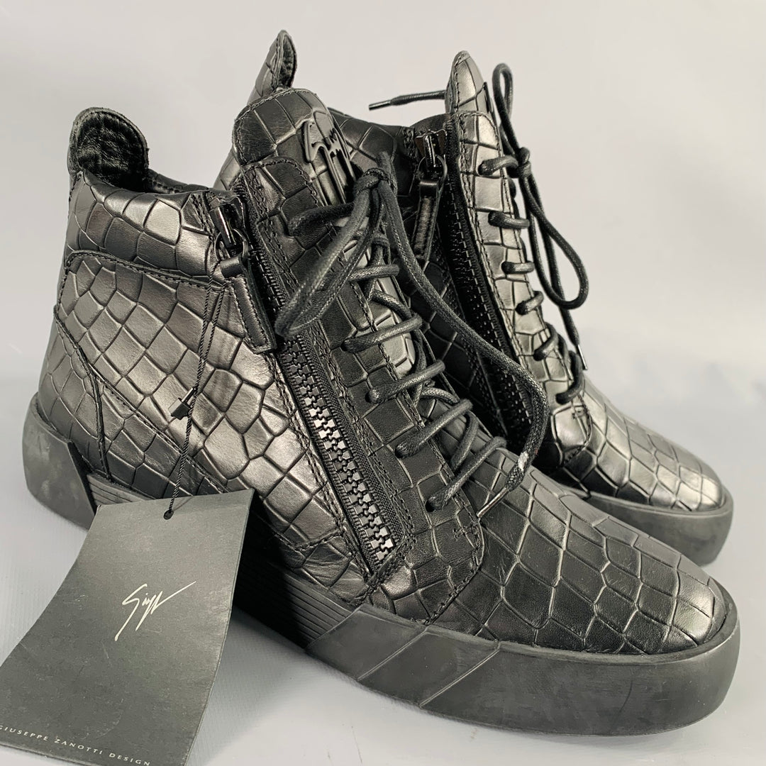 GIUSEPPE ZANOTTI Size Black Croc Embossed Leather High Top Sneakers