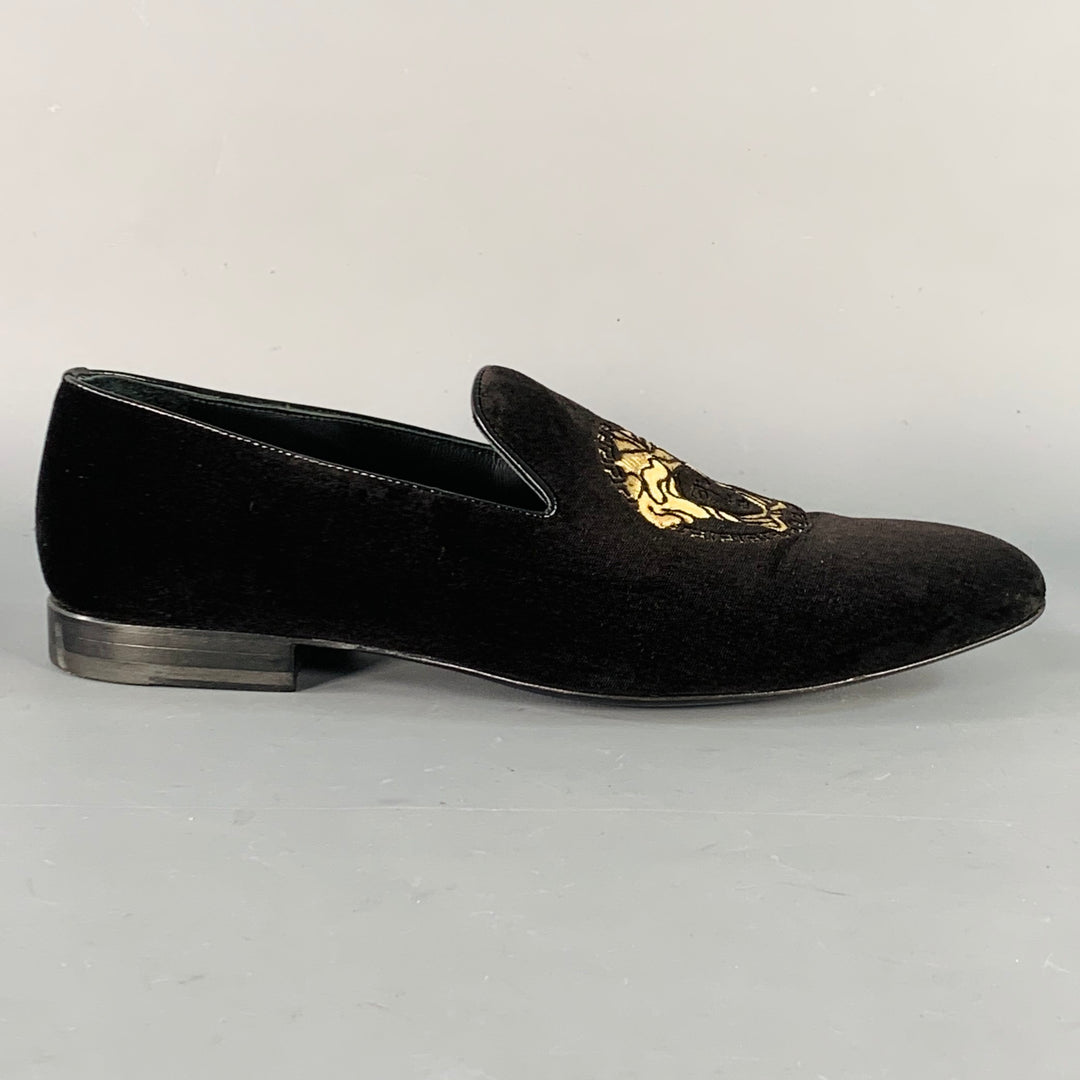 VERSACE Size 9 Black Gold Embroidery Velvet Medusa Head Slip  display picture 1