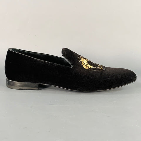 VERSACE Size 9 Black Gold Embroidery Velvet Medusa Head Slip On Loafers