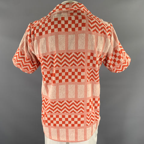 OAS Taille L Orange Blanc Abstrait Éponge Chemise à manches courtes Camp