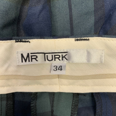 MR TURK Size 34 Green Navy Plaid Cotton Zip Fly Casual Pants