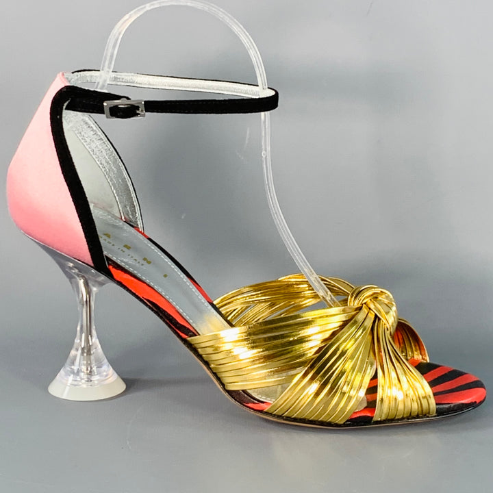 MARNI Size 9 Gold Pink Satin Leather Ankle Strap Stiletto Heels Sandals