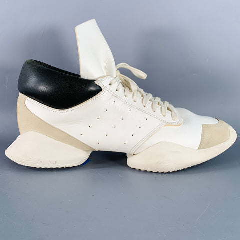 ADIDAS x RICK OWENS SS14 Size 10.5 Vicious White Black Taupe Color Block Leather Chunky Sole Sneakers