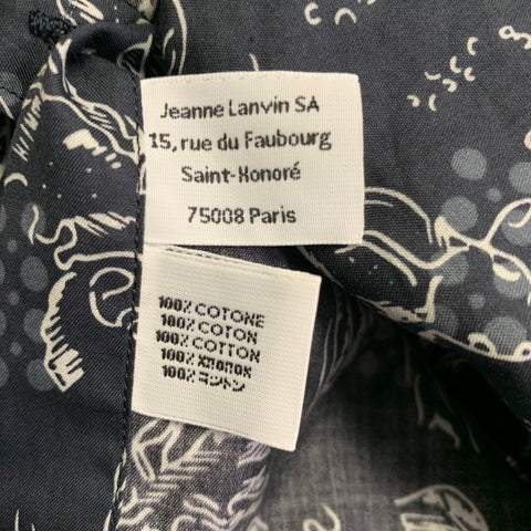 LANVIN Size 39 Navy White Koi Fish Cotton One Pocket Short Sleeve Shirt