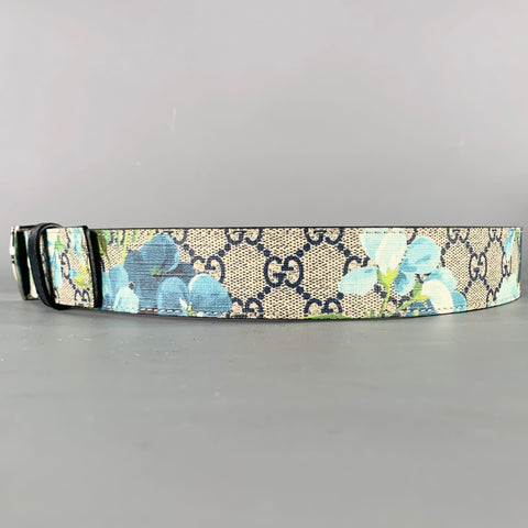 GUCCI Size 34 Blue Grey Floral Canvas Belt