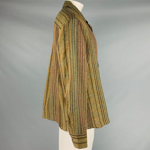 ETRO Size XL Burgundy Green Stripe Linen Oversized Long Sleeve Shirt