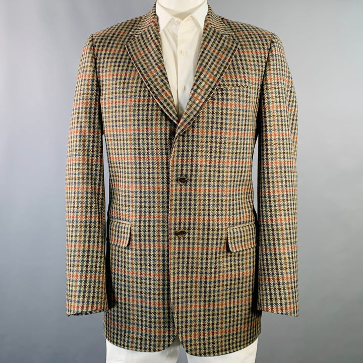 O'CONNELL'S Size 42 Long Tan Red Blue Plaid Wool Notch Lapel Sport Coat