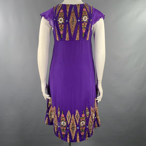 MATTHEW WILLIAMSON Size 10 Purple Gold Silk Embroidered Sleeveless Dress