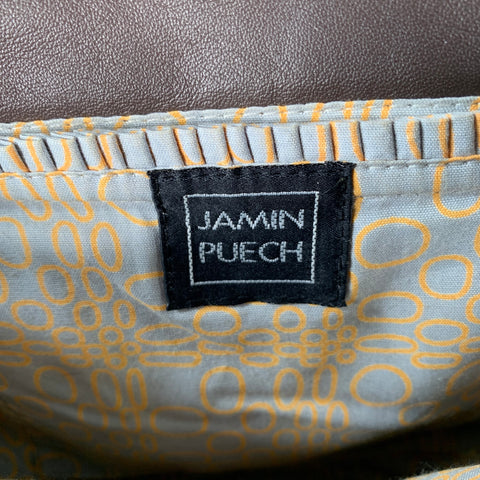 JAMIN PUECH Brown Yellow Beaded Cotton Leather Handbag