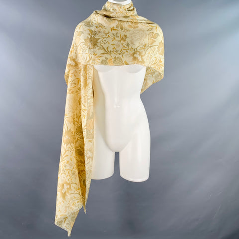 VINTAGE Beige Green Floral Twill Fringe Scarf Shawl