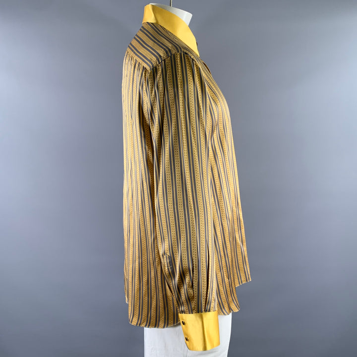 GERLIN Size XL Gold Grey Stripe Silk Pointed Collar Long Sleeve Shirt