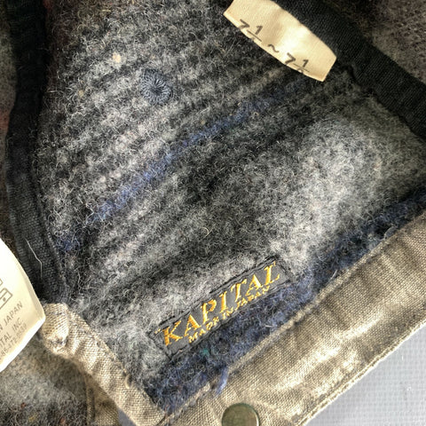 KAPITAL Grey Navy Patchwork Leather Trim Wool Blend Hats