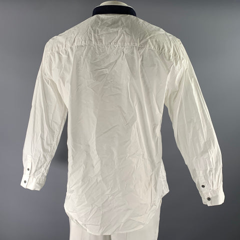 EMPORIO ARMANI Size XXXL White Blue Cotton Blend Ribbed Collar Long Sleeve Shirt