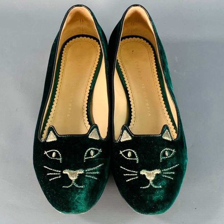 CHARLOTTE OLYMPIA Size 8.5 Green Gold Velvet Embroidered Kitty Slip On Flats