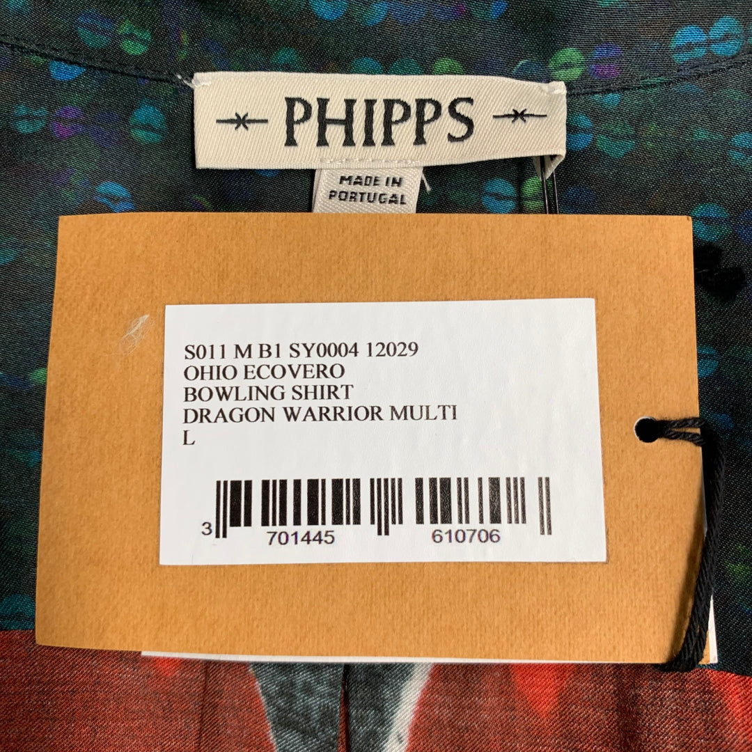 PHIPPS Size L -Dragon Warrior- Red Black Graphic Viscose Short Sleeve Shirt