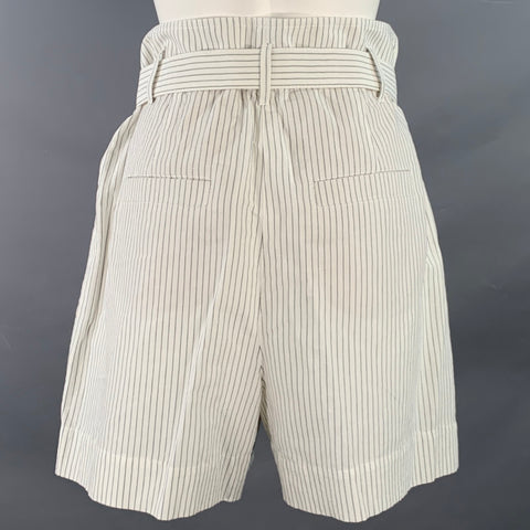 BRUNELLO CUCINELLI Size 8 White Black Cotton Linen Pinstripe Wide Leg Belted Shorts