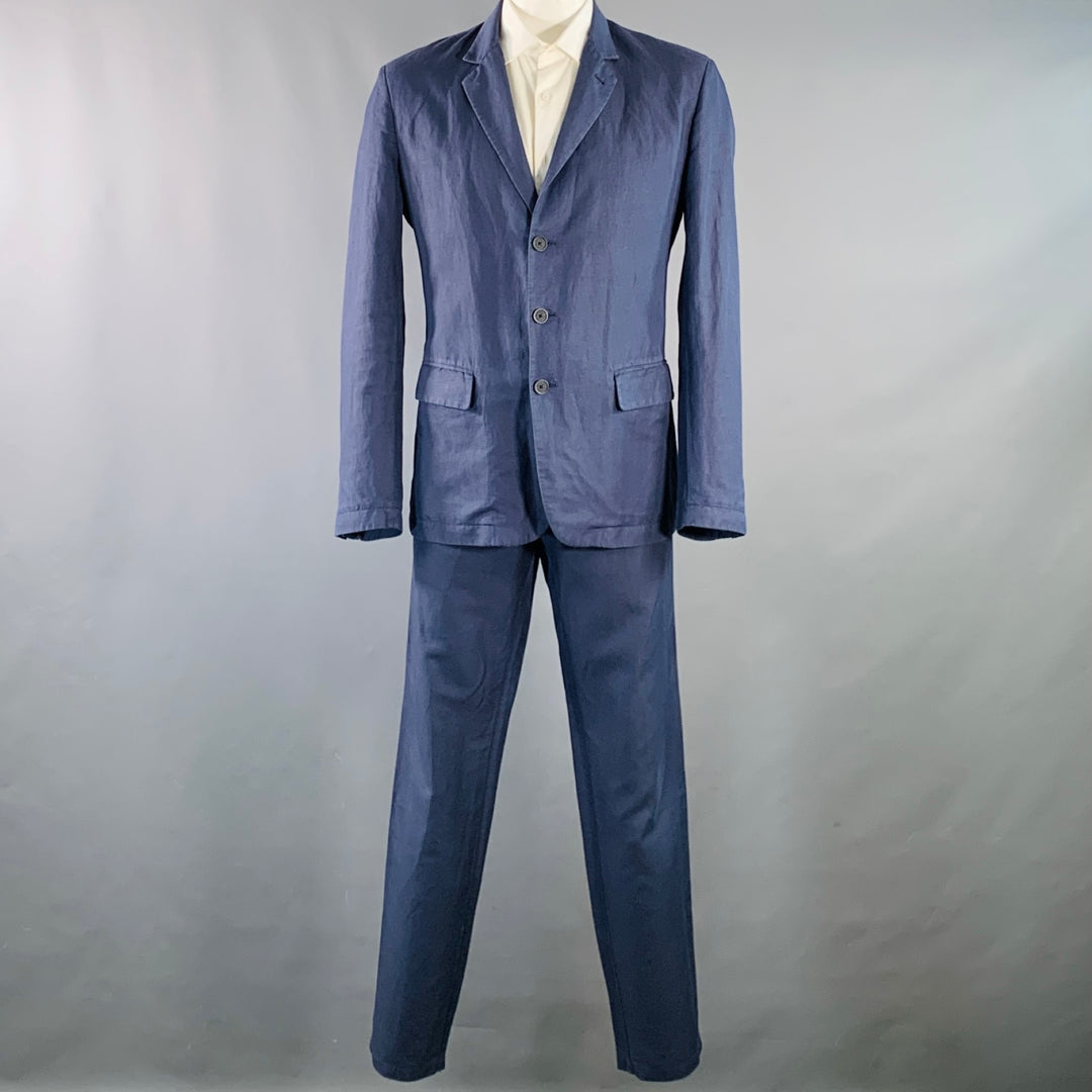ADAM KIMMEL Size XL Blue Cotton Linen Notch Lapel Suit
