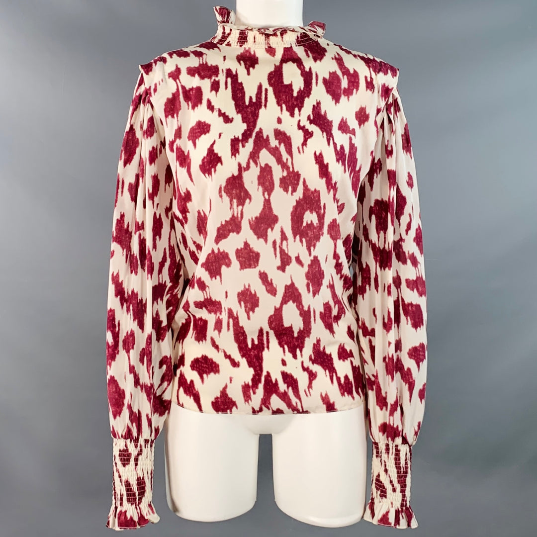 ISABEL MARANT Size M Yoshi White Raspberry Silk Animal Print Ruffle Blouse