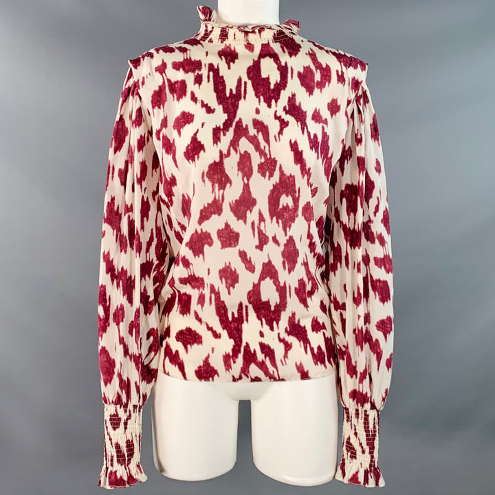 ISABEL MARANT Size M Yoshi White Raspberry Silk Animal Print Ruffle Blouse