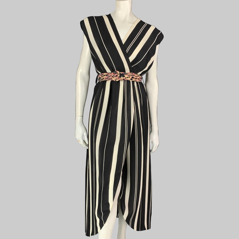 LOUIS VUITTON Size 4 Black & White Stripe Silk Sleeveless Wrap Dress