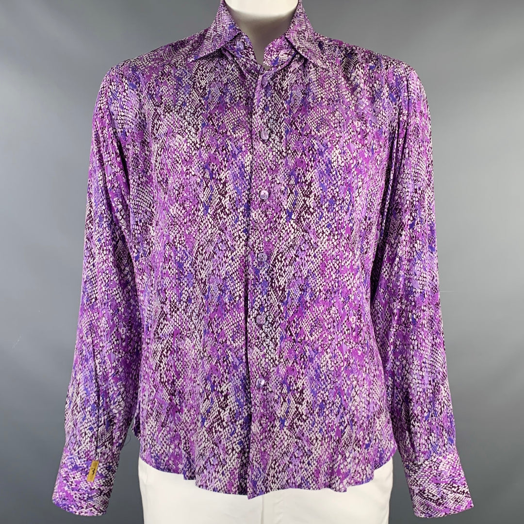 BILLIONAIRE COUTURE Size XL Purple White Snake Silk Button Up Long Sleeve Shirt