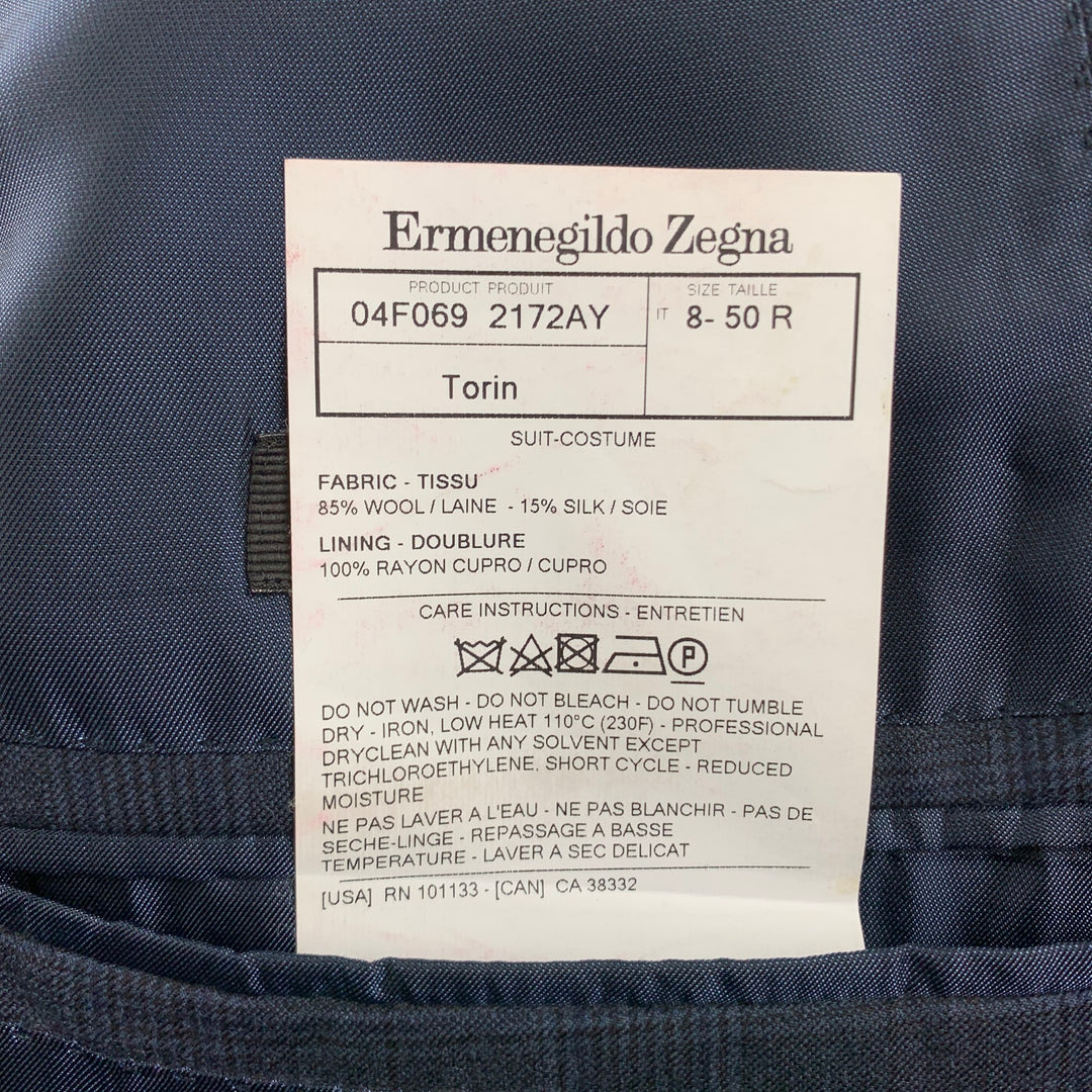 ERMENEGILDO ZEGNA Talla 40 Traje cruzado de lana y seda a cuadros azul marino