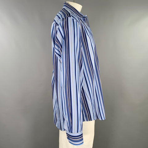 BUGATCHI UOMO Size XL Blue Navy Stripe Cotton Spread Collar Long Sleeve Shirt